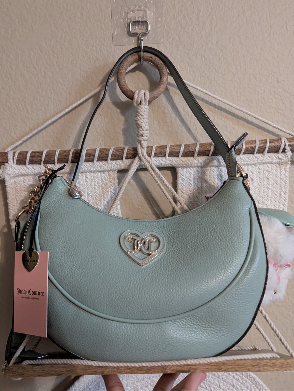 Juicy Couture Mint Crescent Shoulder Bag with Heart Logo and Plush Charm